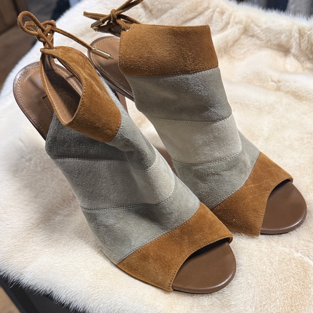 Aquazzura Tan and Gray Heeled Sandals